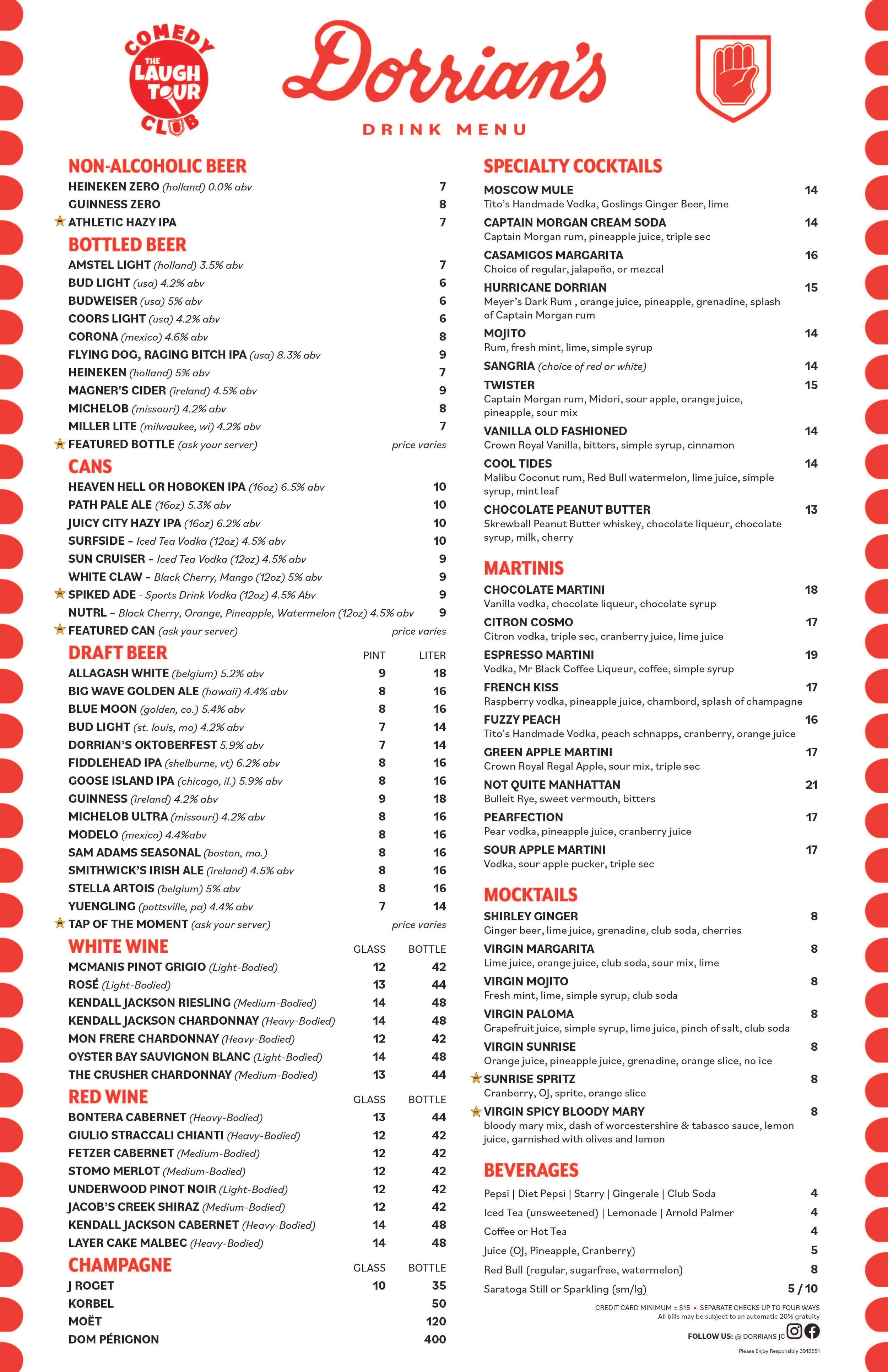 MENUS — DORRIAN'S RED HAND (JERSEY CITY)
